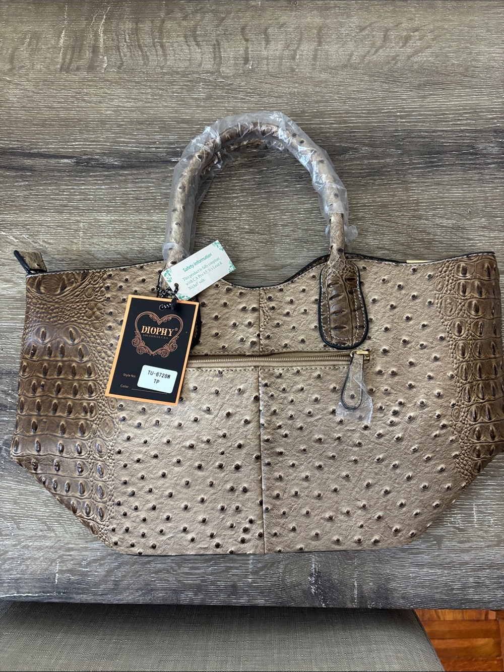 Diophy Taupe Ostrich-Textured Tote with Top Handles